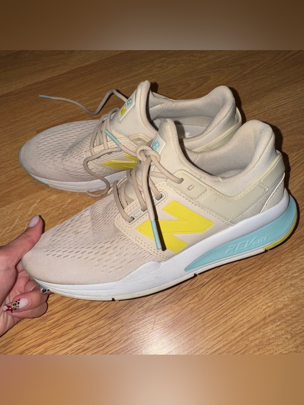 New Balance Cream Sneakers with Yellow and Aqua Accents